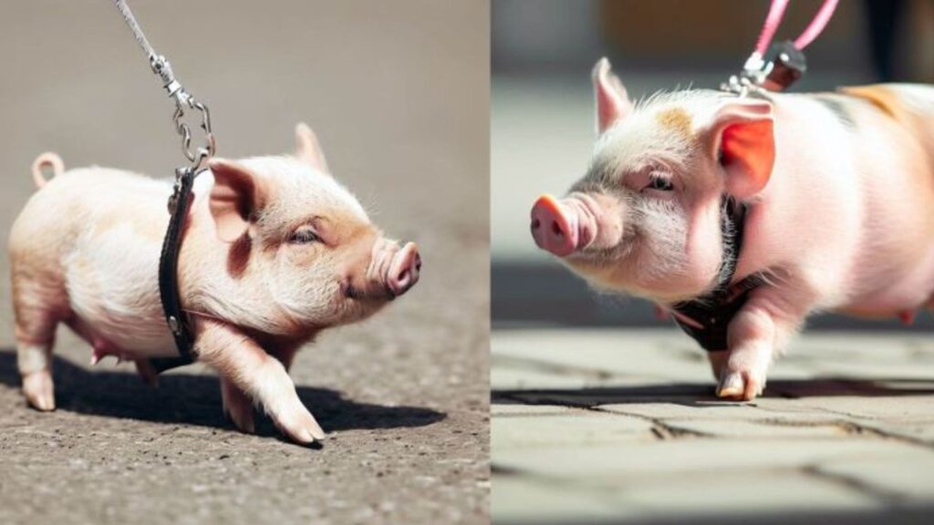 10 Curiosidades sobre os Mini Porcos. São duas imagens de Mini-Porcos, com coleira e guia, passeando tranquilos pelas ruas com seus donos.