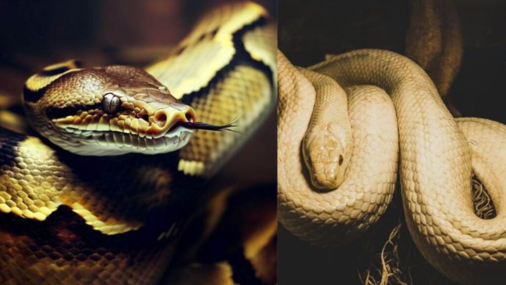 9 Curiosidades Fascinantes Sobre a Cobra Píton. São duas imagens diferentes, uma com a Piton de várias cores e outra com a Piton na cor amarela.
