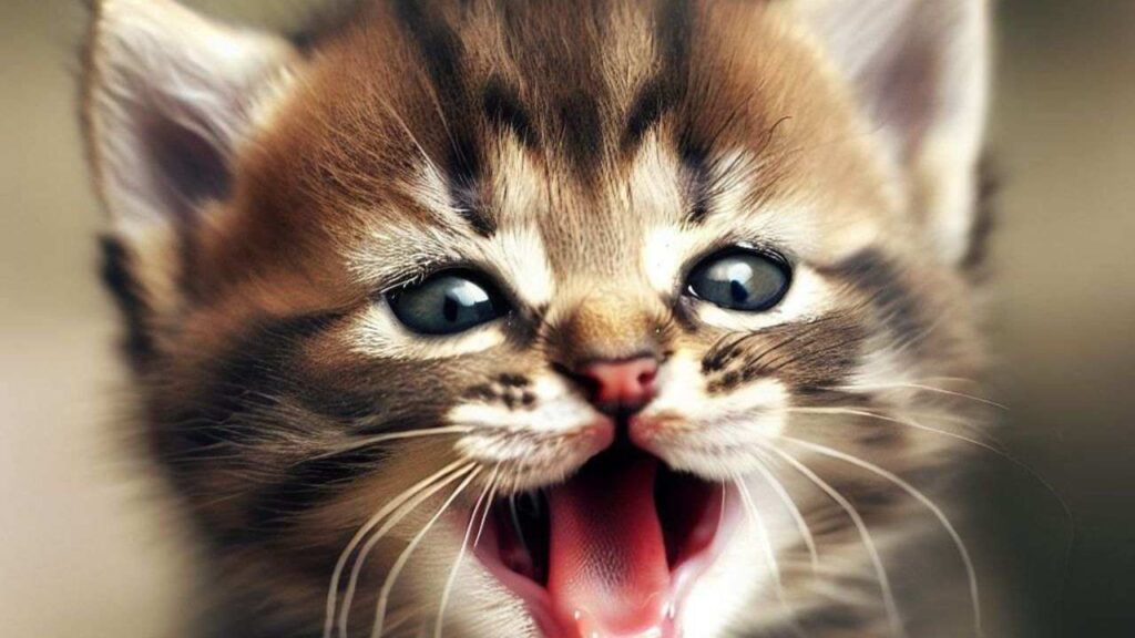 Por que os Gatos Ronronam? Na imagem, um gatinho de pelagem rajada, tricolor e olhinhos azuis está com a boquinha aberta ronronando.