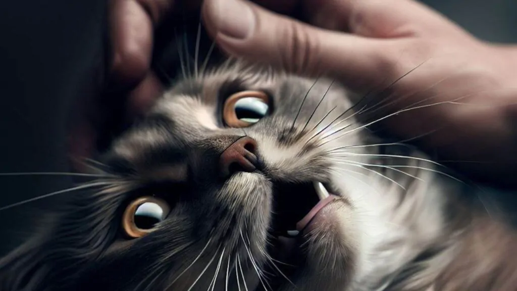 Gatos: 9 Coisas Que Eles Detestam. Na imagem um gato ansioso porque o dono insiste em fazer carinho na sua cabeça.