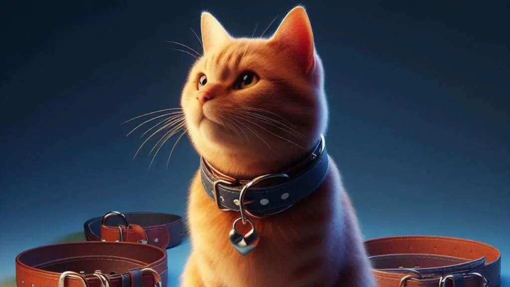 Coleiras para Gatos: Guia Completo. Na imagem, um gato amarelo rajado com marrom-claro, ele está usando uma coleira na cor azul com um pingente em formato de coração. O gato está olhando fixamente para cima e a sua direita.