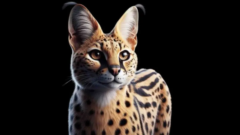 Felino Serval Cat Pet: Guia Completo. Na imagem, um belíssimo serval cat. Sua pelagem é amarela com pintas pretas por todo o corpo e cabeça, nas costas seguem da cabeça até a calda listas pretas, há mancha branca no focinho e parte do pescoço. Ele te olhos verdes fixos em algo a sua frente. Ele é esbelto, pernas longas, orelhas grandes com tufos de pelo pretos na pontas.